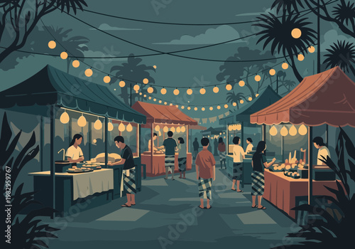 夜の祭り市場で人々が屋台の料理を楽しみながら交流している様子。提灯が照らす賑やかな雰囲気。
