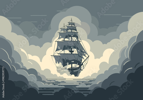 大きな帆船が雲の中を航海している様子を描いたイラストです。