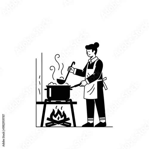 女性がコンロで料理をしているシンプルなイラスト。鍋から蒸気が立ち上っている。