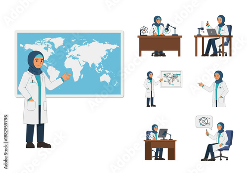 女性科学者が地球地図の前で説明し、研究やプレゼンテーションを行っている様子を描いたイラストです。