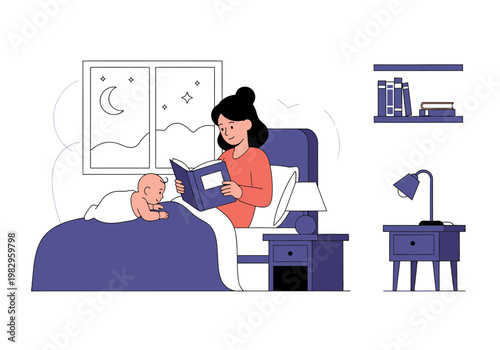 女性がベッドで赤ちゃんと一緒に本を読んでいるシーン。夜の窓の外に月と星が見える。