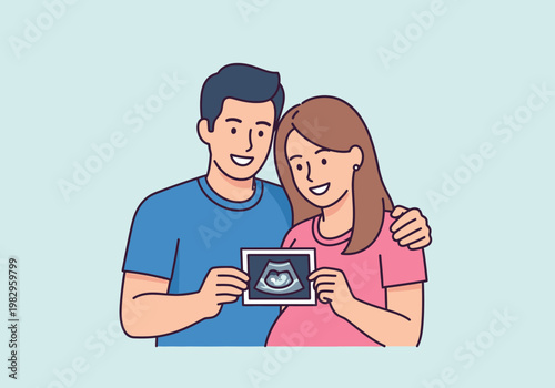 妊婦と男性が一緒に超音波検査の写真を見ている様子を描いたイラストです。