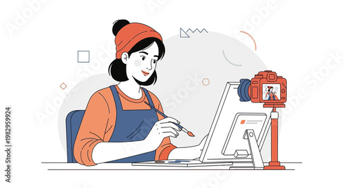 Artist painting and streaming online with camera, digital art, creative hobby