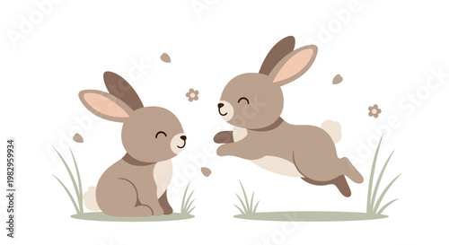 Cute bunnies playing in grass with flowers, happy easter concept