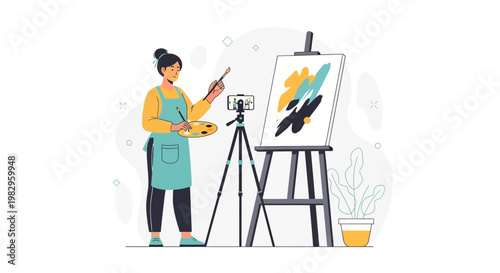 Artist painting on canvas, live streaming art class online with smartphone on tripod