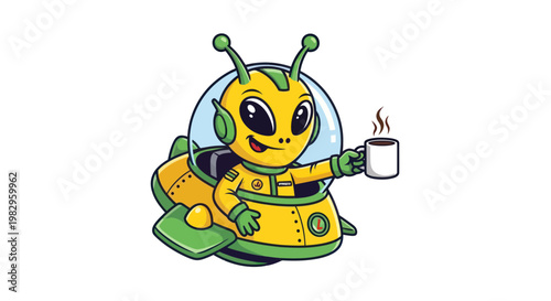 Cute alien with coffee cup in UFO spaceship, cartoon illustration