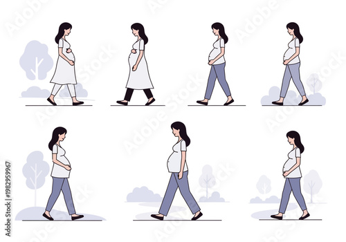 妊婦の女性がさまざまな歩き方をしているイラストのセット。
