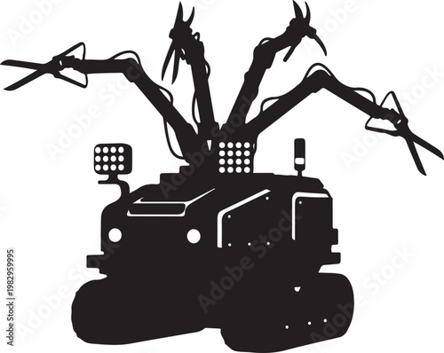 Industrial robotic arms, mechanical claw, factory automation, black silhouette