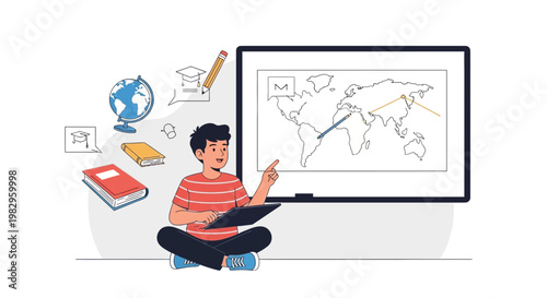 Boy learning geography with digital tablet and world map on screen