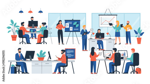 Diverse business team collaborating in a modern open office space with people working at desks and conducting presentations.