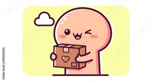 Cute cartoon character holding a gift box with a heart, winking and happy, isolated on yellow background
