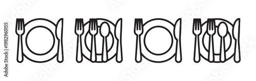 Table setting icons representing restaurant dining and meal service with cutlery plates and silverware for food.