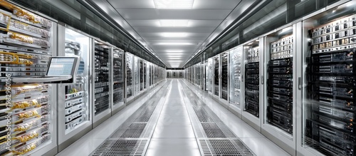 Modern Data Center Server Room with High-Tech Equipment and Storage