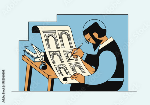 建築設計を行う人物が設計図を見ながらスケッチしている様子。机には書類や道具が置かれている。