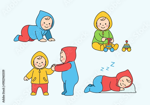 幼児と大人が遊びや会話をしながら、寝ている子供もいる様子を描いたイラストです。