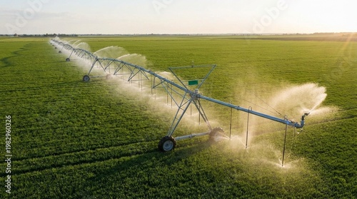 Center pivot irrigation sprays water over a wide green crop field at golden hour, mist drifts across rows, the scene feels calm and productive