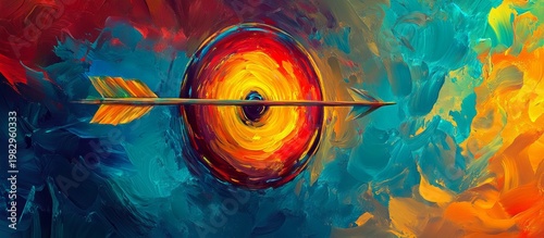Vibrant Abstract Target on Canvas with Colorful Hues and Arrow