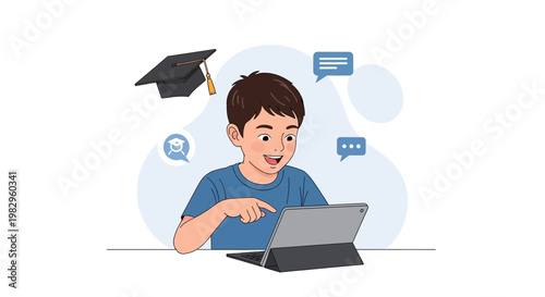 Boy learning online with tablet, graduation cap, chat bubbles, education concept