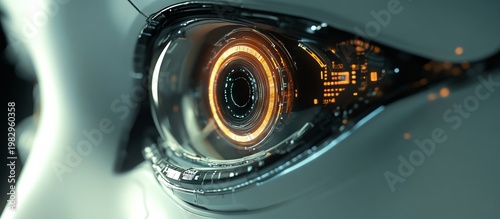 Close-Up of a Cold Metallic Eye with Futuristic Technology Elements