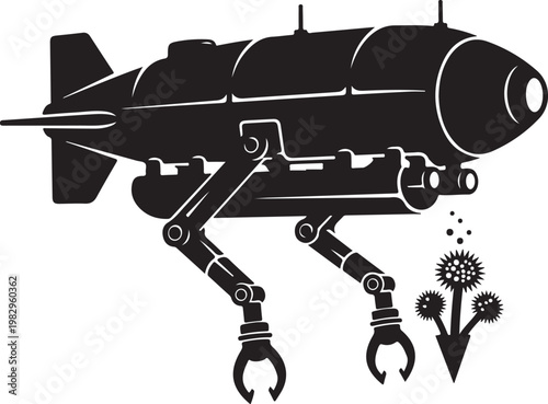 Black robot missile, mechanical legs, dandelion, futuristic vector illustration, sci-fi elements