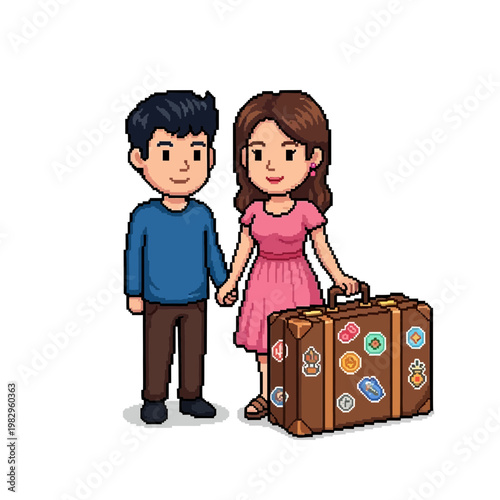 旅行の準備をする男女が手をつなぎ、キャリーケースを持っている様子。