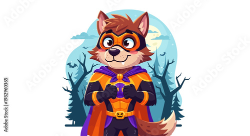 Cute cartoon wolf superhero in costume, standing against a spooky forest and moon background