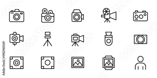 Photography and videography thin line icon set featuring camera tripod digital frame and user avatar symbols.
