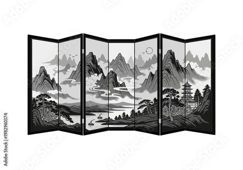 日本の伝統的な折りたたみ式屏風に描かれた山水風景と日本建築の風景画です。