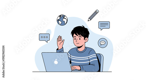 Boy learning online, raising hand for question, with laptop, globe, and chat icons