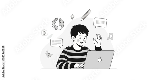 Boy waving at laptop, online communication, education, creativity, global connection