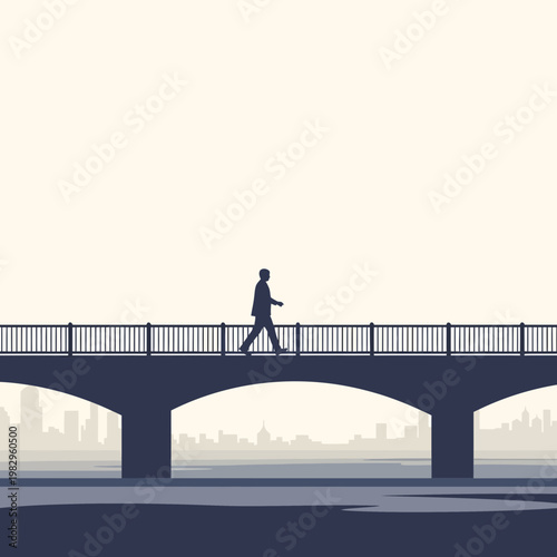 橋の上を歩く男性のシルエットと都市の遠景が描かれたシンプルなイラスト。