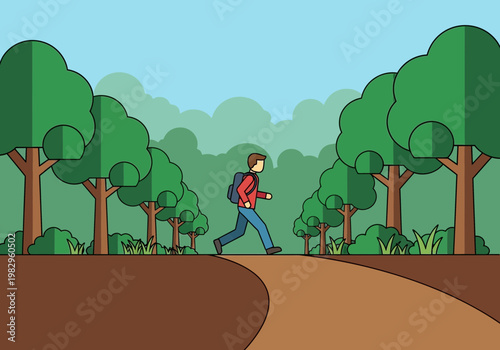 森の中を歩く男性のイラスト。木々と緑の自然が背景に広がる風景。