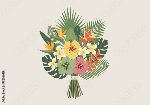 様々な花と葉が束ねられたフラワーブーケのイラストです。