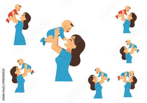 母親が子供を抱き上げて遊んでいる様子を描いたイラストの集合写真です。