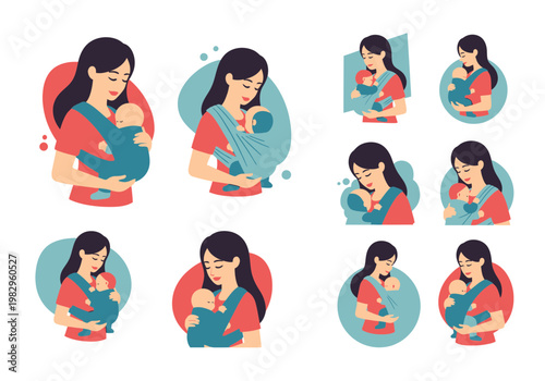 母親が赤ちゃんを抱きしめたり、授乳したりしている様子を描いたイラストのセット。