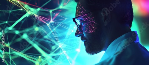 Focused Scientist Examining Digital Data on Tablet Device in Dark Room