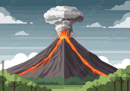 活火山が噴火し、煙と溶岩が山頂から流れ出ている様子を描いたイラストです。