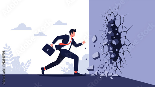 Determined businessman in a suit charging through a breaking concrete wall to represent success and overcoming obstacles.