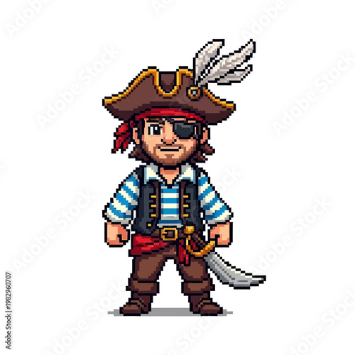 海賊のキャラクターが帽子と剣を持ち、冒険者の衣装を着ているピクセルアートスタイルのイラストです。