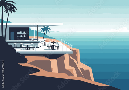 海辺のレストランが崖の上に位置し、テラス席とパラソルが並んでいる風景。