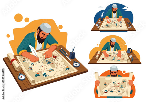 男性が地図を見ながら航海の計画を立てている様子。海図とコンパスを使用している。