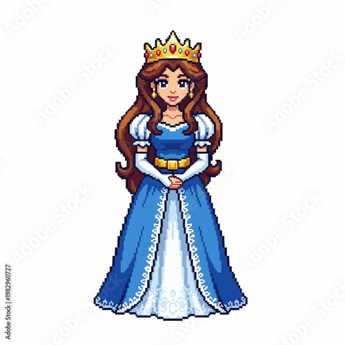 王冠をかぶったプリンセスのドット絵キャラクター。長い髪と青いドレスを着ている。