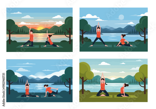 湖のほとりでヨガをする人々、自然と調和したリラックスした風景が描かれている。