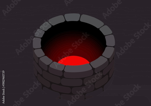 煉瓦で作られた円形の井戸のような構造物で、内部に赤い光が灯っている様子を描いている。