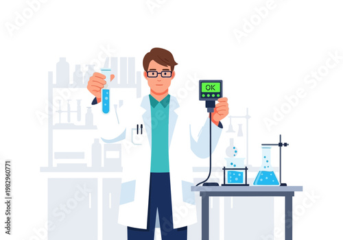 白衣を着た科学者が試験管を持ち、実験装置を操作している研究室の様子。