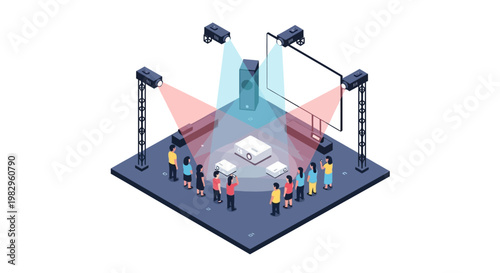 3D Projection Mapping Stage Setup with Projectors, Speakers, and Audience