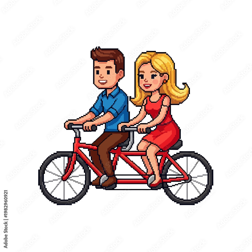 Obraz premium 自転車に乗る男女のピクセルアートキャラクター、笑顔で楽しそうに乗っています。