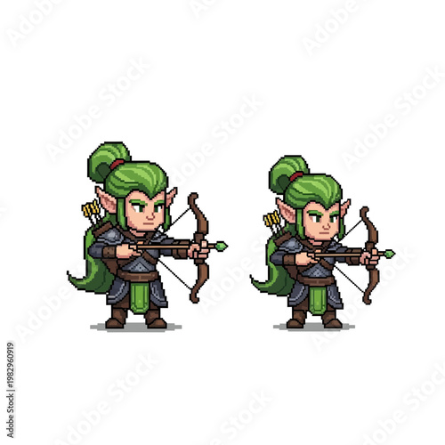 緑の髪と弓を持つキャラクターのピクセルアート。ファンタジー風の戦士の姿を描いている。