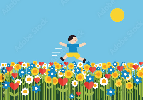 花畑の中でジャンプしている子供のイラスト、青空と太陽が背景に描かれている。