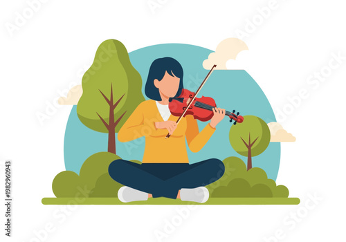 草の上に座り、バイオリンを弾いている女性のイラスト。自然の中でリラックスしている様子。